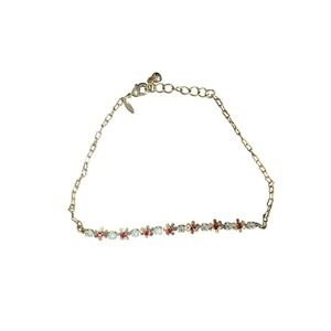 Avon July Birthstone Flower Anklet Gold Tone‎ Red White Crystal Chain NOS